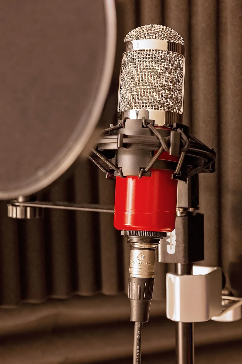A red-bodied condenser microphone in a shock mount behind a pop filter